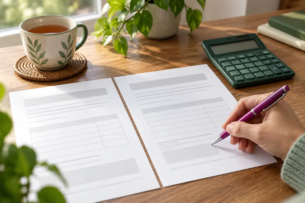Hand with a pen comparing two printed sheets side by side, with a calculator and a cup of tea