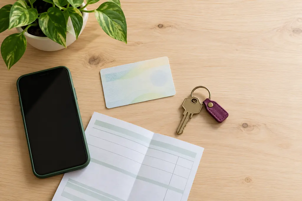 Overhead view of a blank ID-style card, a phone, a folded pay stub and a house key on a wooden table